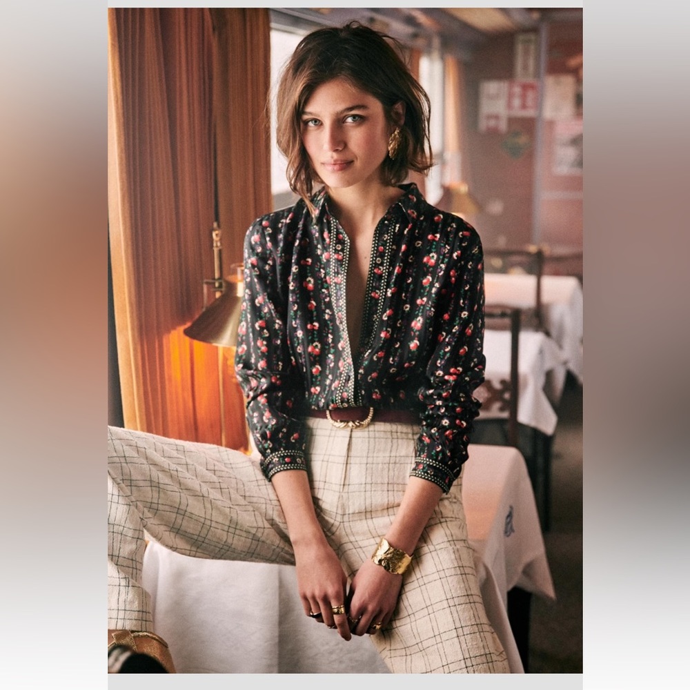 Sezane Black Floral Button Down Shirt